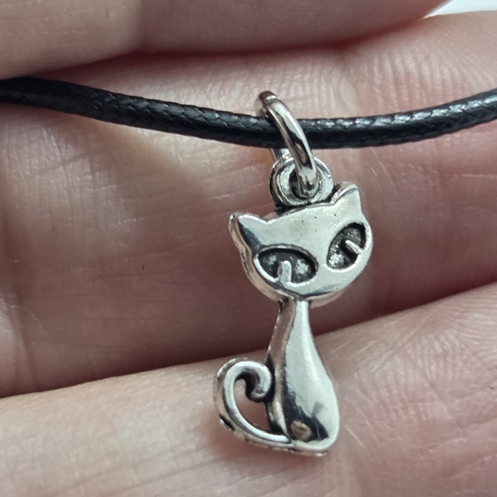 Silver Tone Cat Pendant Necklace - Black Cord